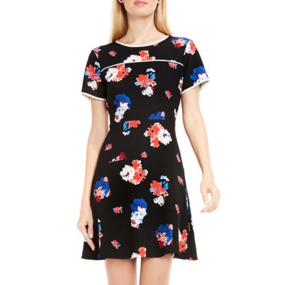 Vince Camuto Traveling Blooms Fit & Flare Dress Black Red Blue Floral Size 8